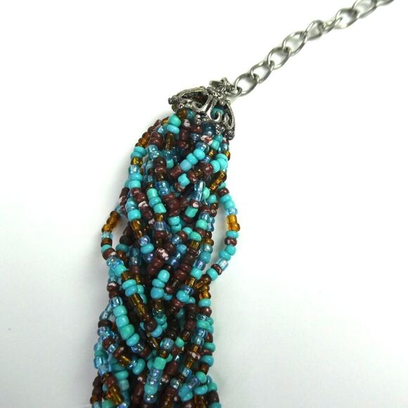 Woven Braded Multi Strand Seed Beaded Necklace Blue Teal Brown 21" Bib Statement - Picture 2 of 7